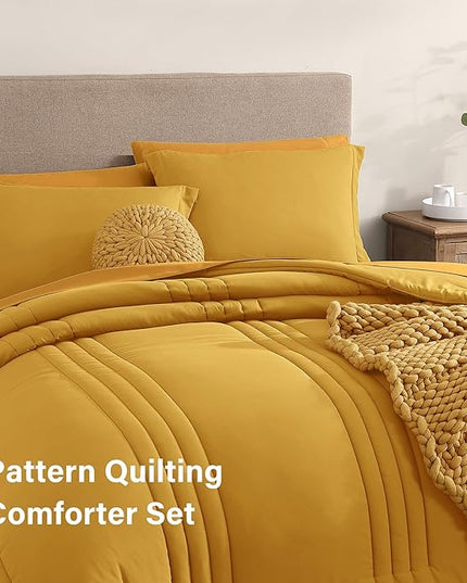 Monbix Full Comforter Set - 7 Pieces Bright Yellow Bed in a Bag Full Size Bedding Sets with Comforters, All Seasons Down Alternative Comforter with Sheets,Pillowcases & Shams