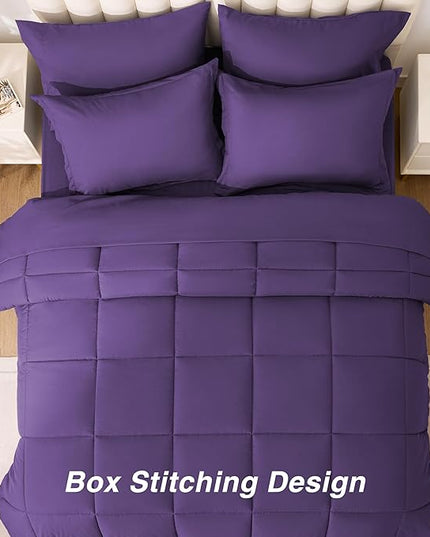 Love's cabin Queen Comforter Set Dark Purple, 7 Pieces Queen Bed in a Bag, All Season Bedding Sets with 1 Comforter, 1 Flat Sheet, 1 Fitted Sheet, 2 Pillowcase and 2 Pillow Sham