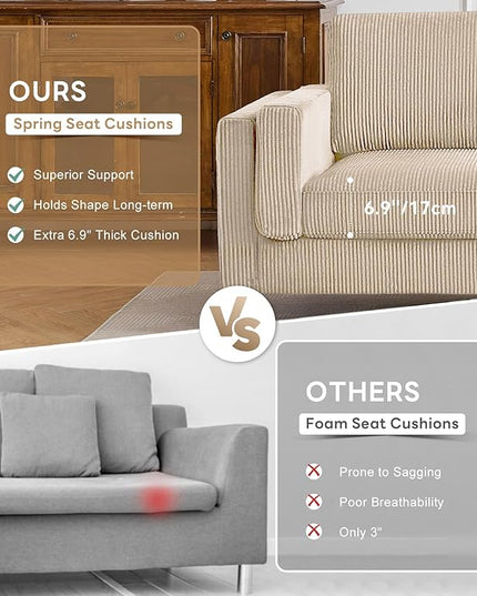 Tbfit 85" Corduroy Couch for Living Room, 3 Seater Mid Century Modern Sofa with Spring Cusions & Extra Deep Seat for Bedroom, Small Comfy Upholstered Couches Easy Assembly with Solid Wood Legs, Beige