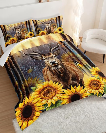 Deer Bedding Sets for Kids Boys Girls Room Decor,Hunting Themed Forest Sunflower Bedding Comforter Sets,Western Comforter Sets Woodland Camo Twin Bedding Set with 2 Pillowcases.