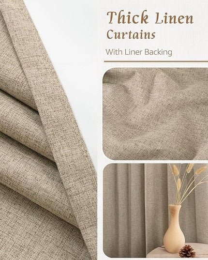 LAMIT Natural 100% Blackout Linen Curtains, 48 Inches Linen Textured Thermal Bedroom Curtains Back Tab and Rod Pocket Neutral Panels with White Liner for Farmhouse, 2 Panels, 42 x 48 Inch, Taupe