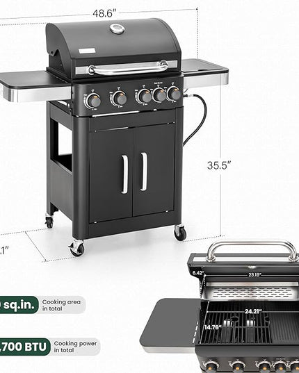 2 in 1 Propane Gas BBQ Grill with Side Burner & Porcelain-Enameled Cast Iron Grate, 4-Burner Flat Top Griddle, 46,700 BTU Outdoor Barbecue Propane Griddle Grill Combo for Camping, Patio, Backyard
