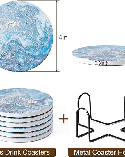 Hoewina 6Pcs Drink Coasters with Holder, Marble Style Ceramic Drink Coaster, Absorbent Coasters Set Suitable for Kinds of Cups, Modern Style Coaster for Coffee Table, 4 Inches（Style 9）