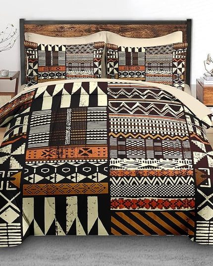 Comforter Set Queen Size, Vintage Tribal African 7 Pcs Bedding for Kids and Adults, Brown Abstract Patchwork Bed Sheet Sets with Fitted Sheet 2 Pillowcases & 2 Shams
