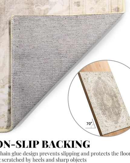 MUJOO Hallway Runner Rug 2'x8' Beige,Long Boho Rug Runners Washable Non Slip Carpet for Entryway Kitchen Bathroom Bedside,Vintage Bohemian Distressed Farmhouse Non Slip Carpet,Floral