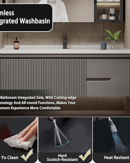 Grey Bathroom Vanity With Sink - 36IN Bathroom Vanity Include Smart Defog Mirror Cabinet & LED Light & 2 Drawers | Side Cabinet Storage Design & Three-Dimensional Stripe Design, Easy to Install