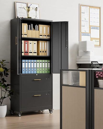 METAN Metal File Cabinet with 2 Drawers and 2 Shelves,Office Filing Cabinet on Wheels with Lock,Office Storage for Letter/Legal Size,Assembly Required,Black