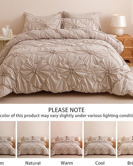 Khaki Full Comforter Set - 7 Pieces Bed in a Bag, Premium Comforters Full Size Bed Set Pintuck Pinch Pleat Complete Comforter Set with Flat Sheet, Fitted Sheet and Pillowcases,Khaki