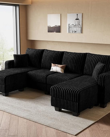 Belffin U Shaped Couch with Reversible Chaises Sectional Couches for Living Room Sectional Couch with Ottomans Corduroy (Black, U Shaped)