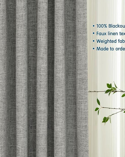 LETAU Pinch Pleated Linen Texture Grey Curtains 108 inches Long, 100% Blackout Privacy Window Curtains Panels Drapery, 100" W x 108" L, 2 Panels