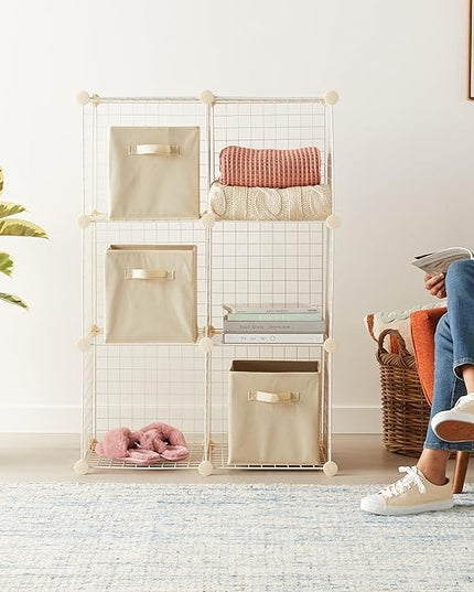 Amazon Basics 6 Cube Wire Grid Storage Shelves, Stackable Cubes, White, 14.6" D x 30.3" W x 44.8" H