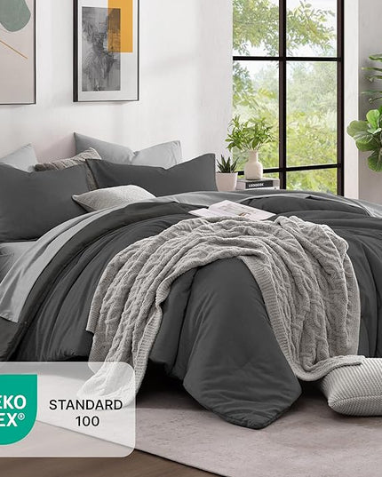 Monbix Queen Comforter Set - 7 Pieces Cationic Dyeing Dark Grey Bed in a Bag Queen Bedding Sets with Comforter, Sheets, Pillowcases & Shams, Reversible Bedding Comforters Sets