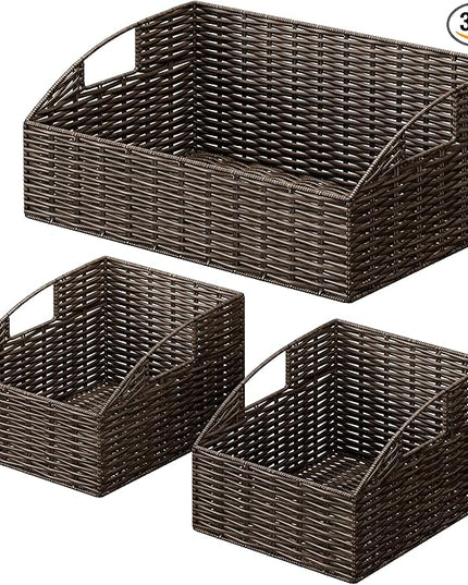 Ollieroo Rattan Storage Baskets, Handwoven Wicker Storage Bins with Built-in Handles, Storage Container Baskets for Shelves, Bedroom, Bathroom, Laundry Room or Kitchen(Brown)