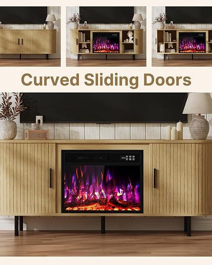 65" Fluted Fireplace TV Stand for TVs Up to 75 inches, Modern Entertainment Center with 23" Electric Fireplace, Wooden Curved TV Console with Sliding Doors for Living Room, Natural Oak