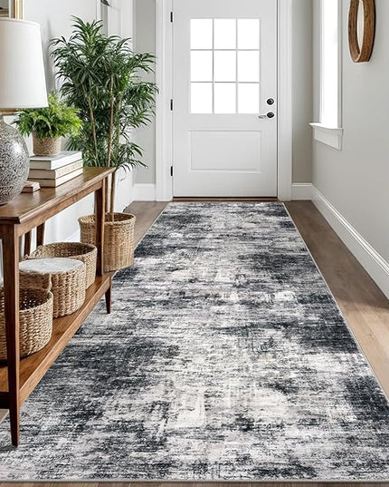 IOHOUZE Abstract Runner Rug 3x10 Ft Washable Runners for Hallways, Non Slip Kitchen Runner Printed Faux Wool Entryway Runner Indoor, Modern Abstract Floor Carpet for Hall Kitchen Bedroom, Black Grey