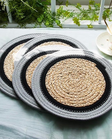 Handwoven Braided Rug, Set of 4, Round Reversible Area Rug, Pet-Friendly Durable Natural Fiber Carpet for Living Room, Dining Room, Bedroom