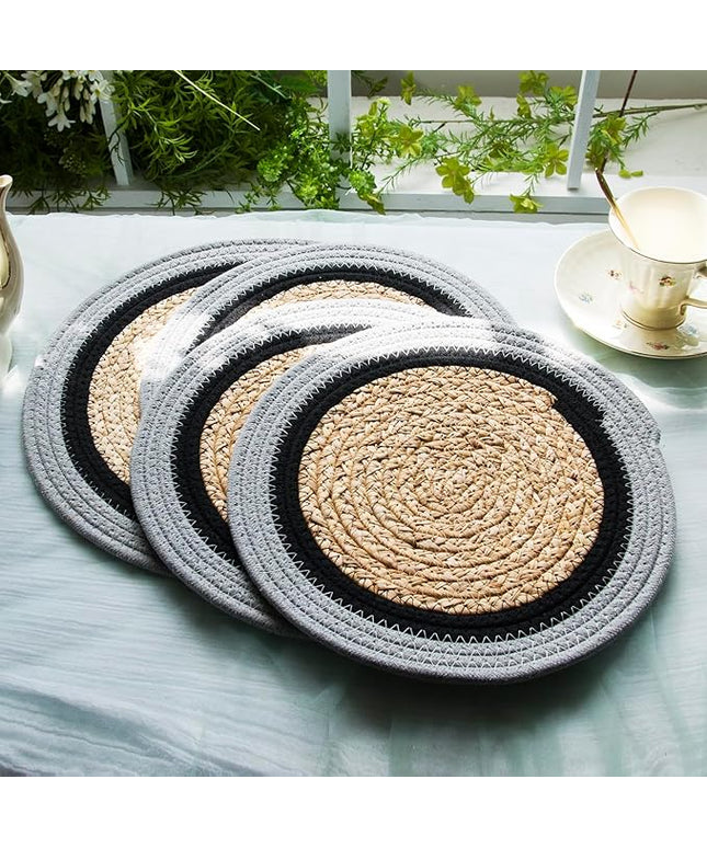 Handwoven Braided Rug, Set of 4, Round Reversible Area Rug, Pet-Friendly Durable Natural Fiber Carpet for Living Room, Dining Room, Bedroom