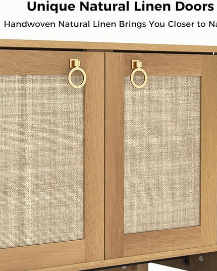 Rattan Entryway Cabinet with Storage,55“ Boho Credenza Storage Cabinet with 4 Doors and Adjustable Shelf, Wood Coffee Bar Console Cabinet Buffet Table for Kitchen, Dinning Room, Sideboard Buffet