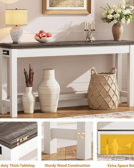 Cyclysio 63" Console Tables for Entryway, Long Console Tables for Living Room, Behind Couch Table, Sturdy Wood Support Farmhouse Entryway Table with 3AC+2USB Charging‌ Station, Oak Grey