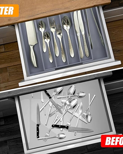 Kitchen Silverware Drawer Organizer and Storage Bamboo Wood Cooking Utensil Holder Cutlery Knife Jewelry Spice Rack Spoon Fork Multi Cabinet Organization Bathroom Counter Expandable Adjustable Tray