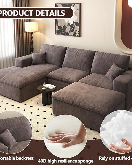 107'' U-Shaped Modern Modular Sectional Cloud Couch Whit Ottoman, 4-Seat Chenille Deep-Seat Sofa with Pillow for Living Room, Bedroom, Apartment, Camel