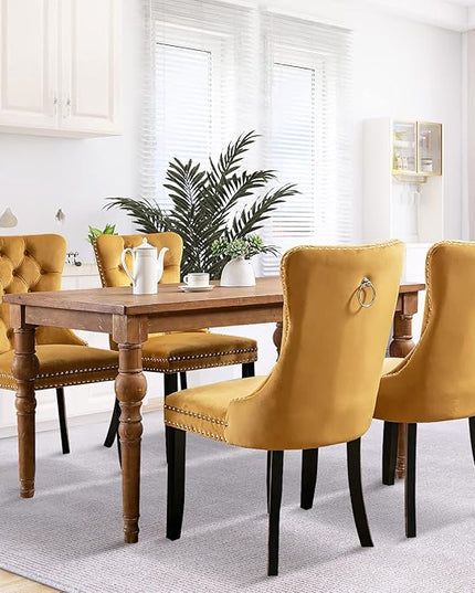 SoarFlash Velvet Dining Chairs Set of 4, Tall Back Side Chair, Modern Upholstered High-end Tufted Side Chair with Button Back Ring, Solid Wood Legs (Gold)