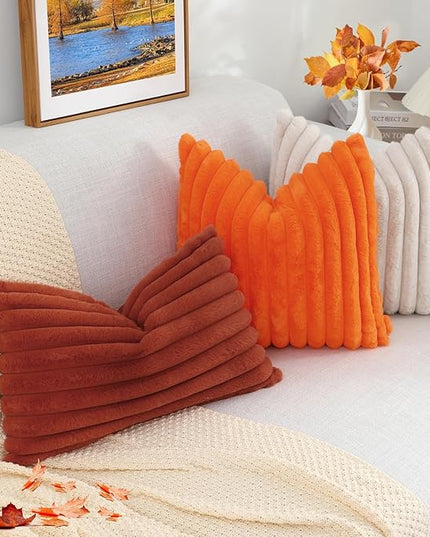 decorUhome Faux Fur Spring Throw Pillow Covers 18x18 Set of 2, Decorative Soft Plush Striped Neutral Couch Euro Pillow Covers with Velvet Back for Sofa, Bed, Living Room Home Decor, Rust