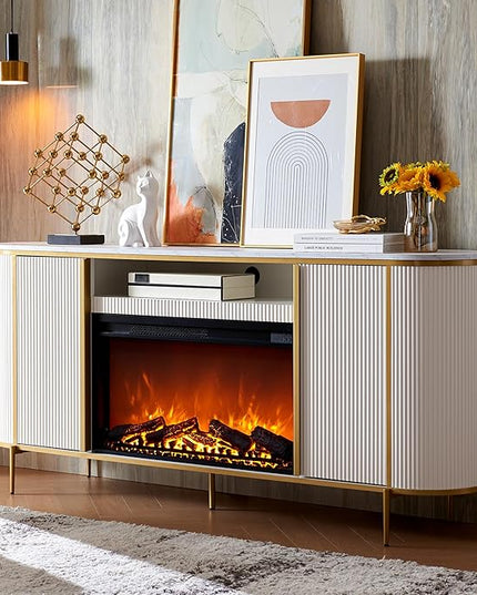 OKD Luxury 70" Fluted Fireplace TV Stand, Modern Chic Entertainment Center for TVs Up to 80 inches, TV Console with Faux Marble Top, Curved Profile Design, Media Console for Living Room, Off White
