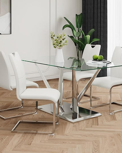 63'' Glass Dining Table for 4 or 6, 0.39" Tempered Glass Tabletop and Silver Stainless Steel Base, Large Dining Room Table for 6, Home Kitchen Table for Dining Room, Modern Dining Table for 6