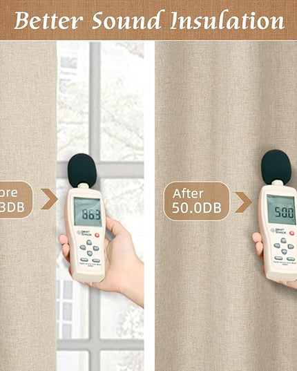 LAMIT 100% Blackout Linen Curtains, 84 Inch Linen Textured Living Room Farmhouse Curtains Room Darkening Back Tab and Rod Pocket Burlap Neutral Panels with White Liner, 2 Panels, 38 x 84 Inch