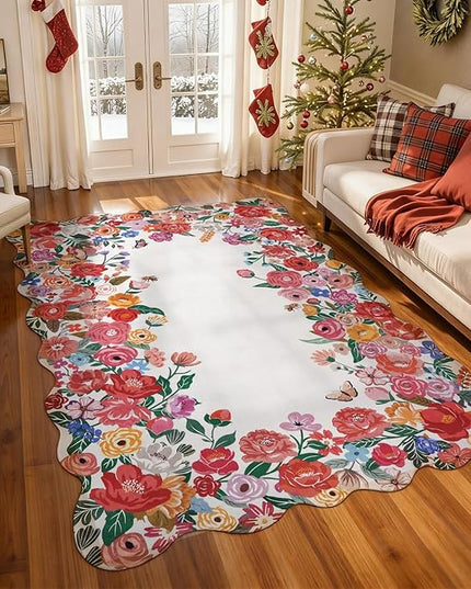 Wonnitar Washable Red Camellia Floral Area Rugs 5x7, Non-Slip Boho Rugs for Living Room, Soft Scalloped Flower Floor Carpet Rugs for Bedroom Kids Nursery Dorm Decor (Red,5'x7')
