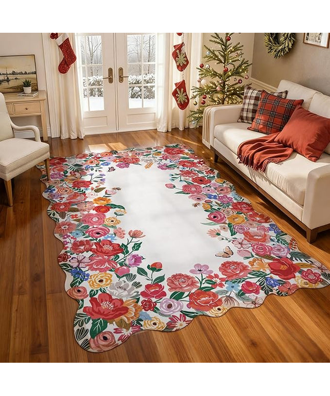 Wonnitar Washable Red Camellia Floral Area Rugs 5x7, Non-Slip Boho Rugs for Living Room, Soft Scalloped Flower Floor Carpet Rugs for Bedroom Kids Nursery Dorm Decor (Red,5'x7')