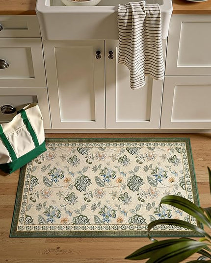jinchan Elora 2x3 Floral Rug for Entryway Washable Rug Vintage Romance Design Christmas Small Mat Non Slip Indoor Doormat Lightweight Low-Profile Throw Carpet for Bathroom Laundry Room, Green/Beige