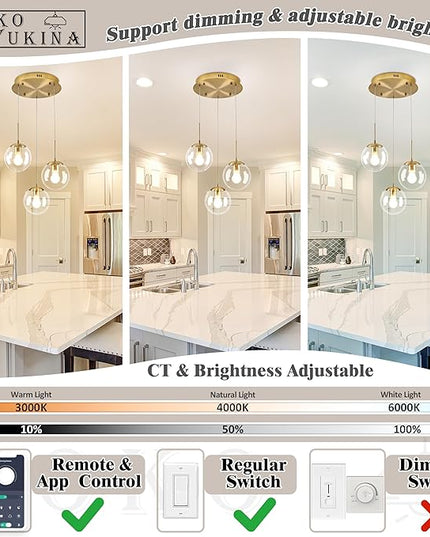 KoKo&Yukina 3-Light Globe Glass Pendant Light Modern Gold Clear Globe Glass Chandelier Adjustable Length Pendant Lights Fixtures High Ceiling Light for Kitchen Island Foyer (Bulb & Remote Incl.)
