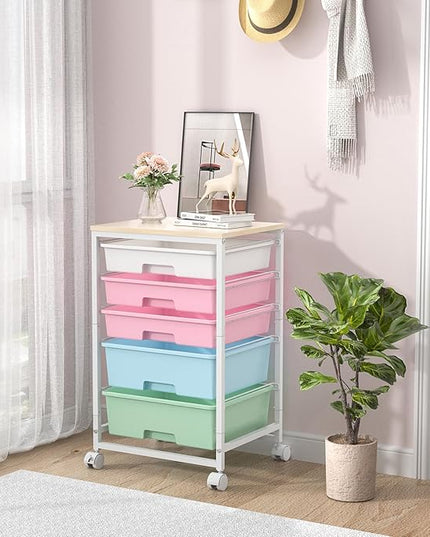 Utility Cart with 5 Drawers,Storage Drawer Cart with Wooden Tabletop and Lockable Wheels,Craft Storage Trolley Cart,5-Tier Rolling Utility Cart on Wheels,Rainbow