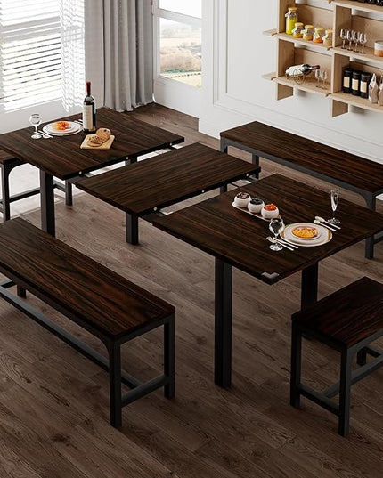 Feonase 5-Piece Dining Table Set for 4-8 People, 63" Extendable Kitchen Table Set with 2 Benches and 2 Square Stools, Dining Room Table with MDF Wood Board, Easy Clean, Dark Brown