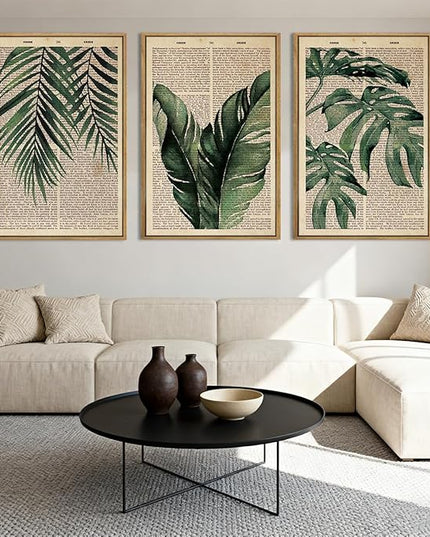 ANHUIB Large Botanical Prints Wall Art Framed Palm Leaf Wall Decor 16x24Inch Vintage Plant Art Prints Green Leaves Paintings Set of 3 for Living Room Bedroom Office