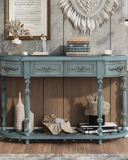 HMFULE Retro Curved Console Table, 52" Solid Wood Half Moon Console Table Sofa Table with 4 Drawers 1 Open Shelf for Living Room,Entryway,Hallway,Antique Blue