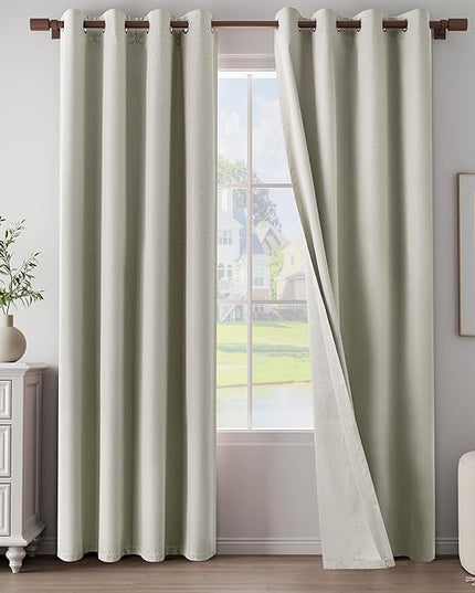 100% Blackout Linen Textured Curtains for Living Room, Bedroom, Light Weight Curtains with Grommets Top, Full Blackout Curtains Privacy Protection, Natural Linen, 52" W x 95" L, 2 Panels