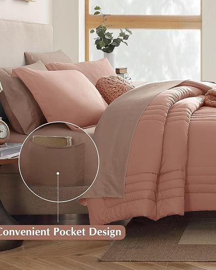 Monbix Full Comforter Set - 7 Pieces Clay Pink Bed in a Bag Full Size Bedding Sets with Comforters, All Seasons Down Alternative Comforter with Sheets,Pillowcases & Shams