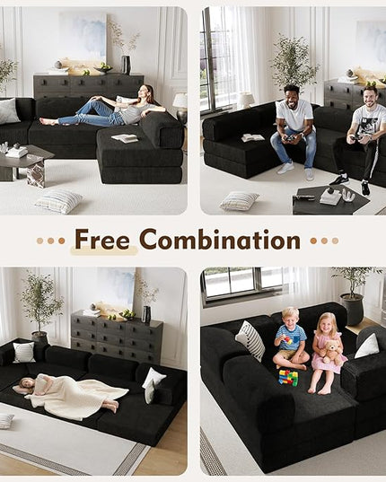 108" L Shaped Couch, Modular Sectional Sofa with Chaise, Cloud Boneless Couch with Deep Seat & Removable Pillow for Living Room, Bedroom,No Assembly Required（Black）