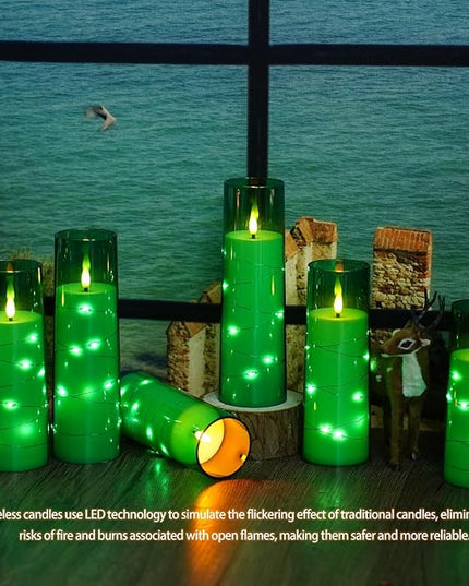 Flickering Flameless LED Candles,Battery Operated Candles 9 Pcs with Embedded Star String,Acrylic LED Pillar Candles with Remote,Suitable for Home Decoration to Create an Atmosphere (Green)