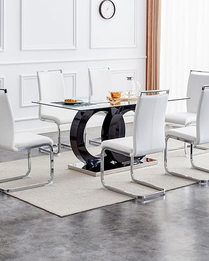 Ebullient Glass Dining Table Set for 6 ，7 Piece Dining Table Set,Tempered Glass Table Top，Modern Dining Room Table with 6 PU Leather Ergonomic Dining Chairs