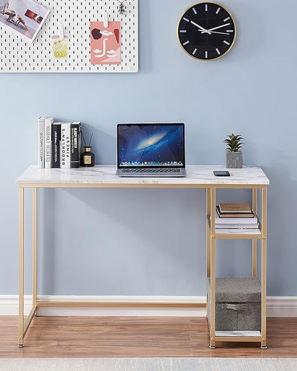ivinta Computer Desk, Small Home Office Desk with Storage Shelves for Living Room, Bedroom, Office Whale (White and Gold, 44.8")