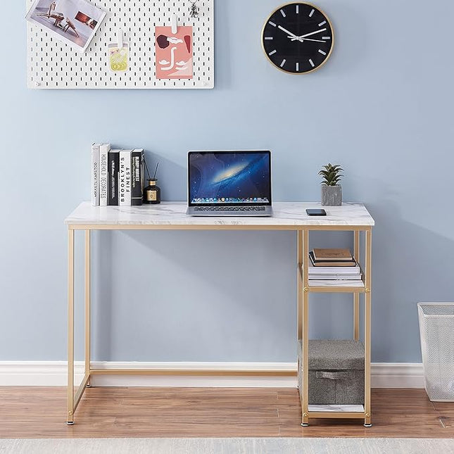 ivinta Computer Desk, Small Home Office Desk with Storage Shelves for Living Room, Bedroom, Office Whale (White and Gold, 44.8")
