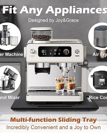Joy&Grace Appliance Slider for Kitchen Appliances 360° Rolling Sliding Tray for Coffee Maker Countertop, Bamboo Coffee Pot Slider Rolling Tray with Universal Rollers (Black, Large 16"x13")