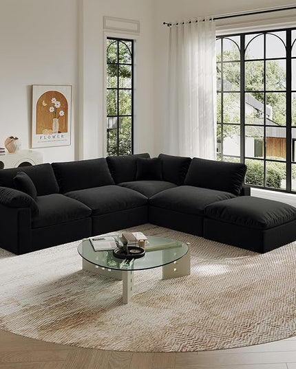Cloud Modular Sectional Sofa,143" Down Filled Sofa 4 Seat with Chaise,Minimalist Sofa Cover Washable and Replaceable Couches for Living Room,Sectional Sofa Deep Seat Black