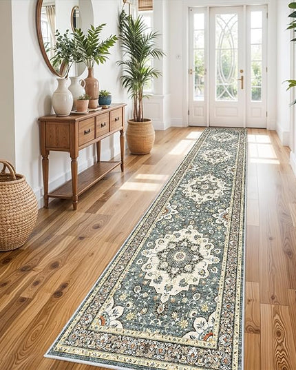 Washable Oriental Hallway Runner Rug - 3x14 Rugs for Living Room Soft Carpet for Bedroom Kitchen Waterproof Floral Distressed Indoor Stain Resistant Non-Shedding Floor Carpets (Blue, 3X14)