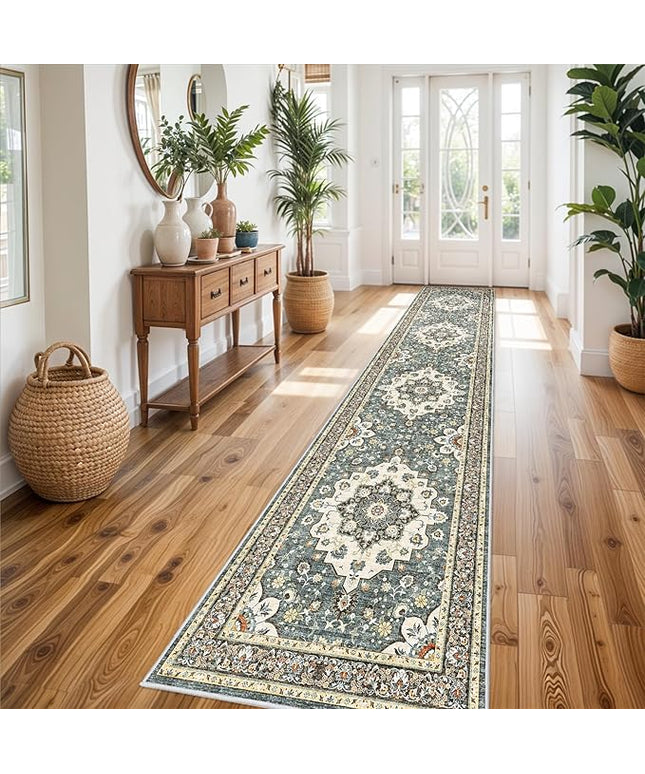 Washable Oriental Hallway Runner Rug - 3x14 Rugs for Living Room Soft Carpet for Bedroom Kitchen Waterproof Floral Distressed Indoor Stain Resistant Non-Shedding Floor Carpets (Blue, 3X14)