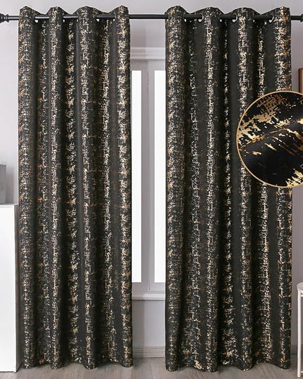 Taisier Home Gold Foil Print Linen Textured Curtains Geometric Dots Pattern Design Curtains for Bedroom Living Room Thermal Insulated Window Treatment 2 Panels 84" L,Black and Gold Print